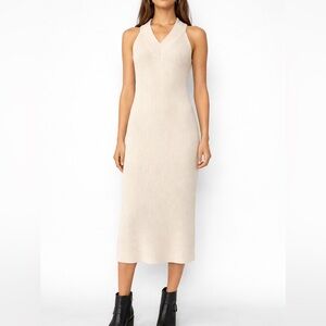AllSaints Ribbed V-Neck Midi Dress in Cream 100% cotton